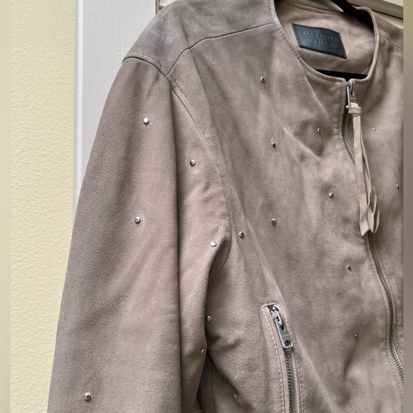 All Saints Taupe Silver Studded Suede jacket with discoloration. - Picture 2 of 10